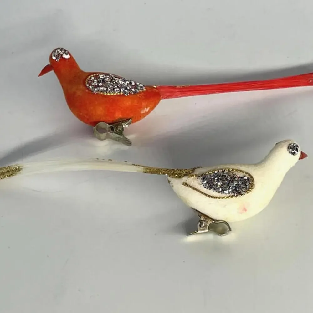 Vintage Flocked Glitter Long Tail Bird Clip On‎ Christmas Ornaments Orange White